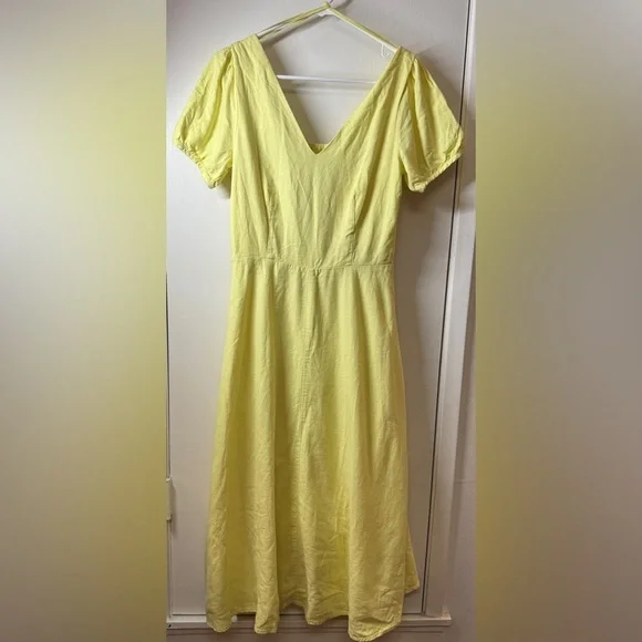 Gap Linen Cotton Blend Cottagecore Yellow Midi A Line Short Sleeve Dress 4 Tall - Picture 1 of 12